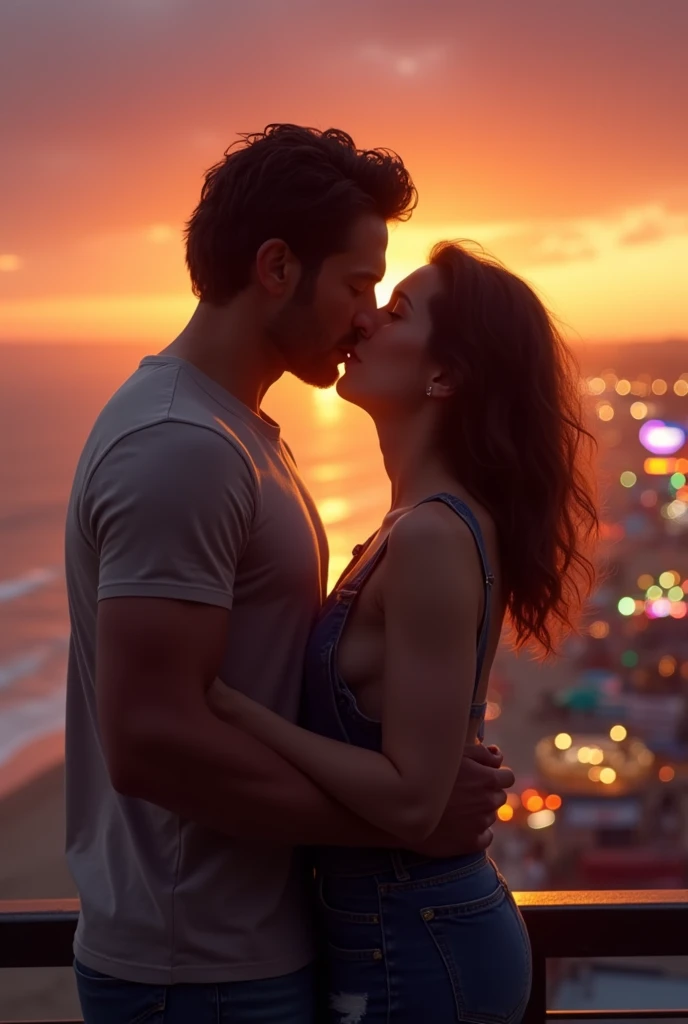 a couple passionately kissing at a lookout deck in coney island at sunset, the amusement park below them illuminated by colorful lights, the vast ocean in the distance, warm golden light on their faces, wavy dark hair on the man, wavy chestnut brown hair o...