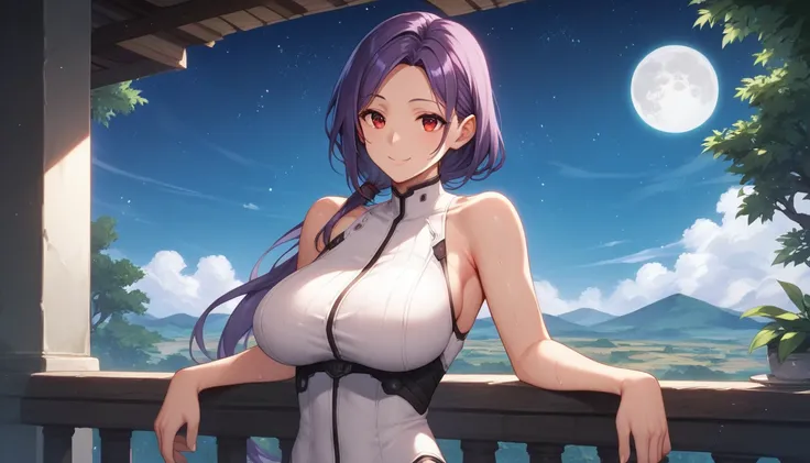 Score_9, Score_8_up, Score_7_up, One Girl,smile, Hirokazu Koyama ,Sweaty,sexy,Pixel Perfect,Large Breasts,Anatomically correct, Masterpiece Highly detailed,8k, (background,Starry Sky,moon,Outdoor),(Fits your body,White rider suit,Sleeveless),, Red eyes, ( ...