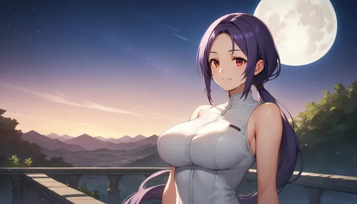 Score_9, Score_8_up, Score_7_up, One Girl,smile, Hirokazu Koyama ,Sweaty,sexy,Pixel Perfect,Large Breasts,Anatomically correct, Masterpiece Highly detailed,8k, (background,Starry Sky,moon,Outdoor),(Fits your body,White rider suit,Sleeveless),, Red eyes, ( ...