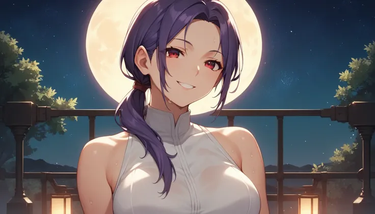 Score_9, Score_8_up, Score_7_up, One Girl,smile, Hirokazu Koyama ,Sweaty,sexy,Pixel Perfect,Large Breasts,Anatomically correct, Masterpiece Highly detailed,8k, (background,Starry Sky,moon,Outdoor),(Fits your body,White rider suit,Sleeveless),, Red eyes, ( ...