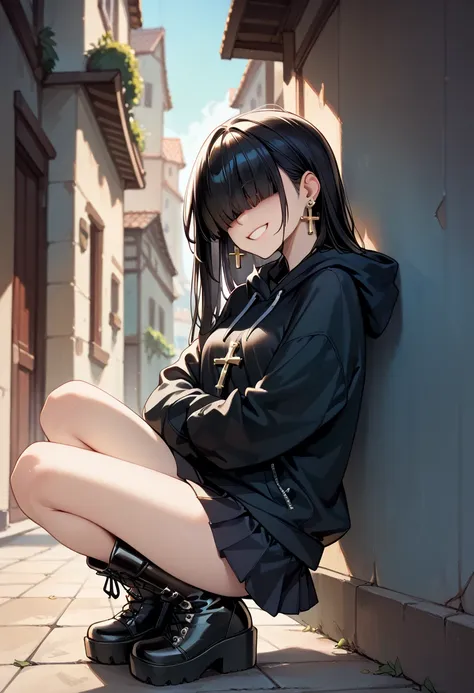 (masterpiece, best quality, 8k, sharp focus, 1girl, long black hair, hair covering eyes, smiling, cross earrings, black hoodie, ...