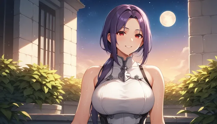 Score_9, Score_8_up, Score_7_up, One Girl,smile, Hirokazu Koyama ,Sweaty,sexy,Pixel Perfect,Large Breasts,Anatomically correct, Masterpiece Highly detailed,8k, (background,Starry Sky,moon,Outdoor),(Fits your body,White rider suit,Sleeveless),, Red eyes, ( ...