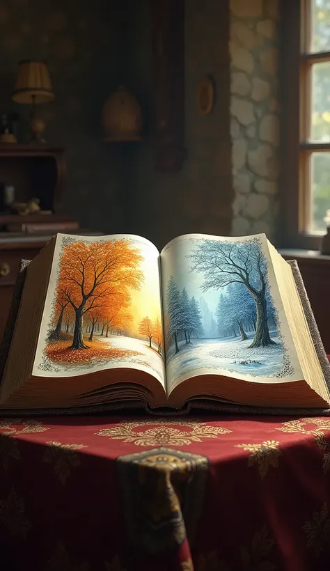 a large fairy tale book lies open on the table: On its left page there is a picture of autumn, winter on the right