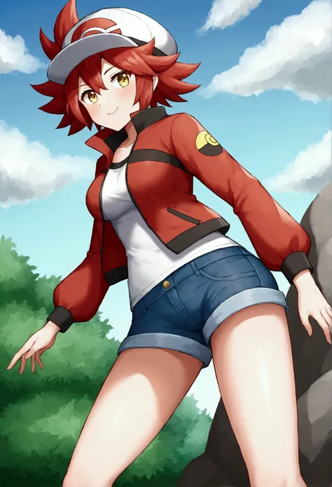 An anime-style medium shot of a red-haired girl with short, messy hair and bright yellow eyes. She is wearing a red Pokémon trainer jacket and goggles on her head. She has a denim skirt and a red field cap. The girl is standing on a rocky terrain with gree...