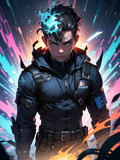 “A dynamic 2D vector depiction of a man in a heroic pose, wearing a tactical vest and dual revolvers crossed over his chest, set against a psychedelic backdrop. This image is inspired by digital art and fantasy themes, featuring vivid, swirling colors and ...