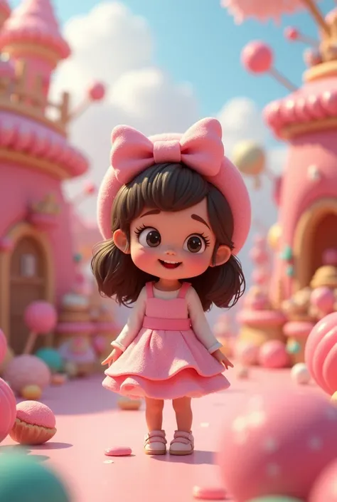  Disney pixar 3d style with cute outfit, and bow in hair on fantasy 8k background of sweets.