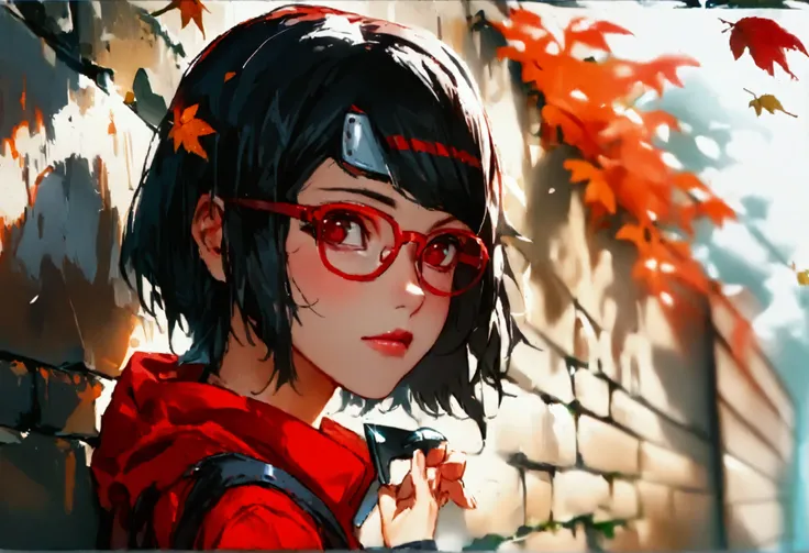 uchiha sarada, 1 girl, , red glasses, short black hair, leaf ninja headband, red outfit, kunai in hand, in front of a wall, best...