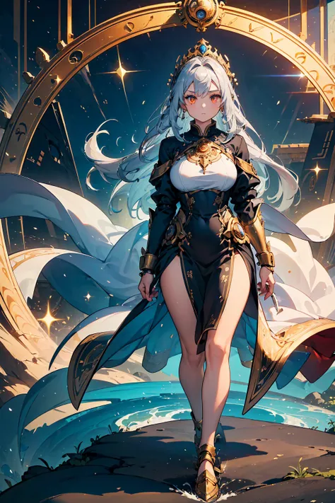 (((masterpiece, best quality, high detailed, 16k))) (1girl) A stunning goddess of time, with long silver hair that flows as if caught in an endless wind, and glowing golden eyes that see through all moments of time. Her armor is made of shimmering golden a...