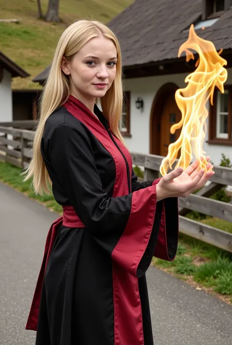 a beautiful sorceress with long blond hair dressed in a magical red and black robe casts a fireball in a dynamic pose against th...