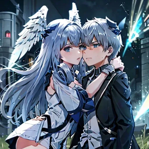 A girl with blue eyes and light grey hair, black dress , white panties, little wings on her head and white skirt affectionately kissing a boy with short black hair on the lips, ojos marrones, lentes, black jacket with a night castle behind them and shootin...