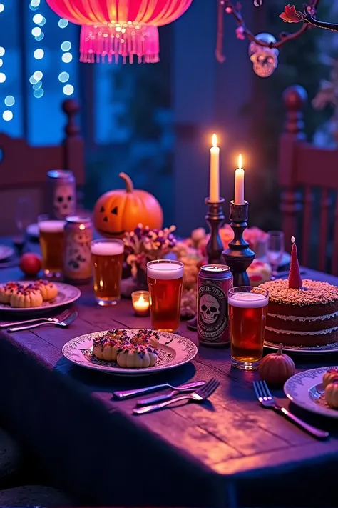 Colorful Halloween party, Festival of the dead, Violet color, close-up of a corner of a dark wooden dining table with tablecloth. On the table, there is a cake, glass of beer, Beer cans, a lot of carved pumpkin, and a large candle holder, light from above,...