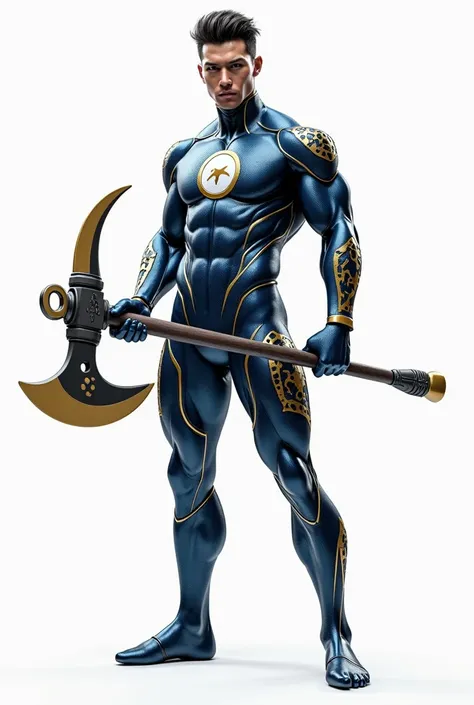 (photorealism:1.2), full Body photorealistic an very Handsome Japanese hero. His suit should be blue and gold metallic micro scales textured spandex and color should be white, . He should have a special white circle logo with Shark design logo on his chest...