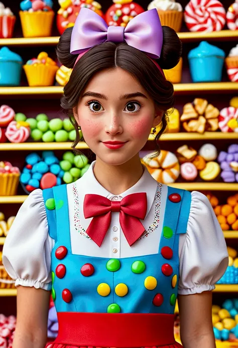 Disney pixar style face with cute outfit, and bow in hair on fantasy 8k background of sweets.