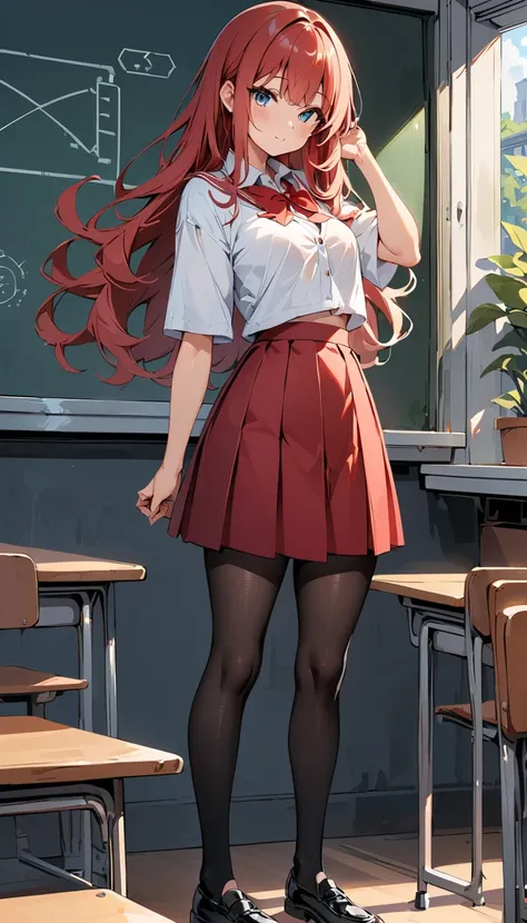 Full body view, Standing pose, Black Leggings, Red skirt, White blouse, Detailed face, Detailed eyes, Beautiful Hair, classroom, Blackboard Background, masterpiece:1.2, Highest quality, High Detail.