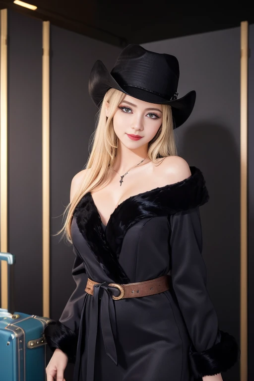 Highest quality,8K quality,High resolution,, Long Hair, blonde,Fur trim, Black Hat, Fur hat, dress,(Cowboy Shot:1.5), yellow eyes, (luggage:1.1), vapor (station:1.1),stationのプラットホーム,  night, milky way,999 Best Quality, Very detailed, masterpiece, Absurd,8k...