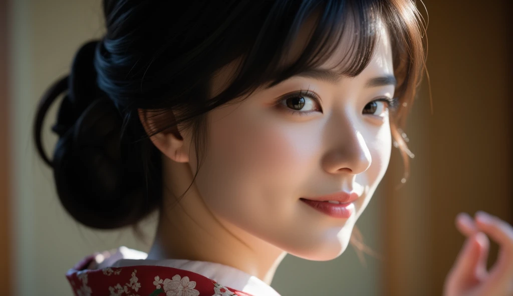 Extreme Close-up , 1 woman, beautiful young Japaneses woman,  20-age, (Black hair , chignon , fringe, beautiful dark brown eye, little smile), (C cup breasts, wide hip), ( Japanese traditional Kimono, kimonos below  flower pattern , White obi with flower p...