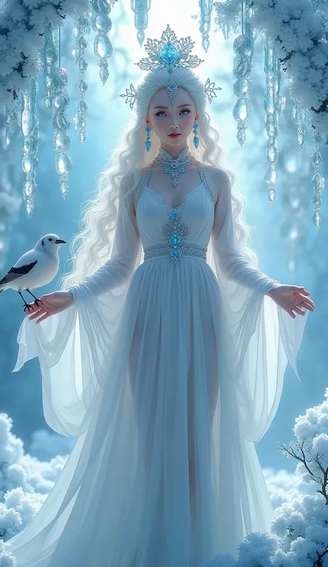 Ice Crystal Garden,Under the ice crystal willow tree,beauty,Youya,become hot,Chinese Queen,Curly long hair with white bangs,Crystal pattern on forehead,blue eyes,head jewelry,ice crystal earrings,Monitor color necklace,Big breasts,Wearing white cotton-slee...