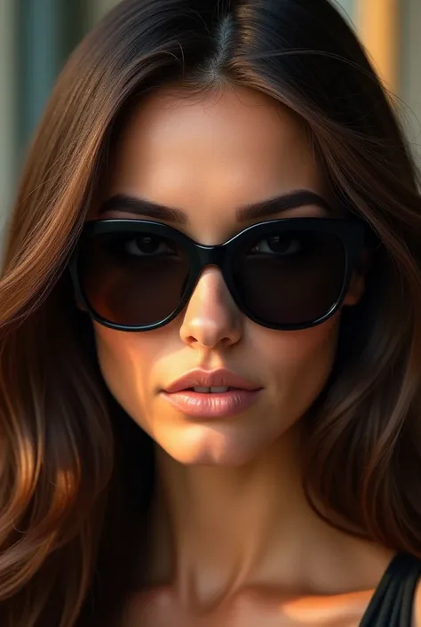 Create a woman where only her face appears with sunglasses, A brown-haired woman, with a powerful air
