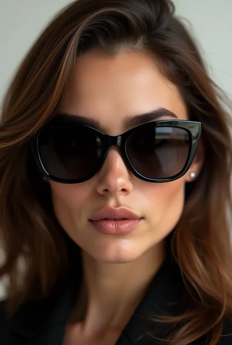 Create a woman where only her face appears with sunglasses, A brown-haired woman, with a powerful air
