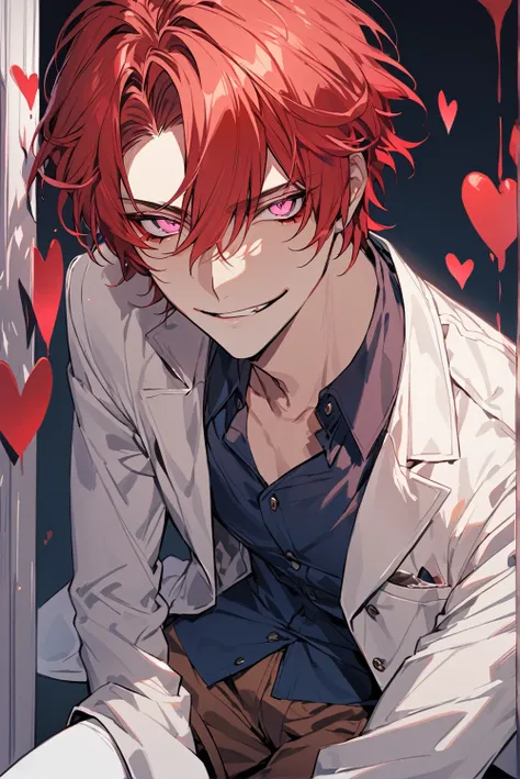 Handsome, Alone, male in his 20s, short hair, pink eyes, red hair, blue dress button down shirt, brown shorts, a white coat, white long stockings with red hearts, He has a sinister and serious smile