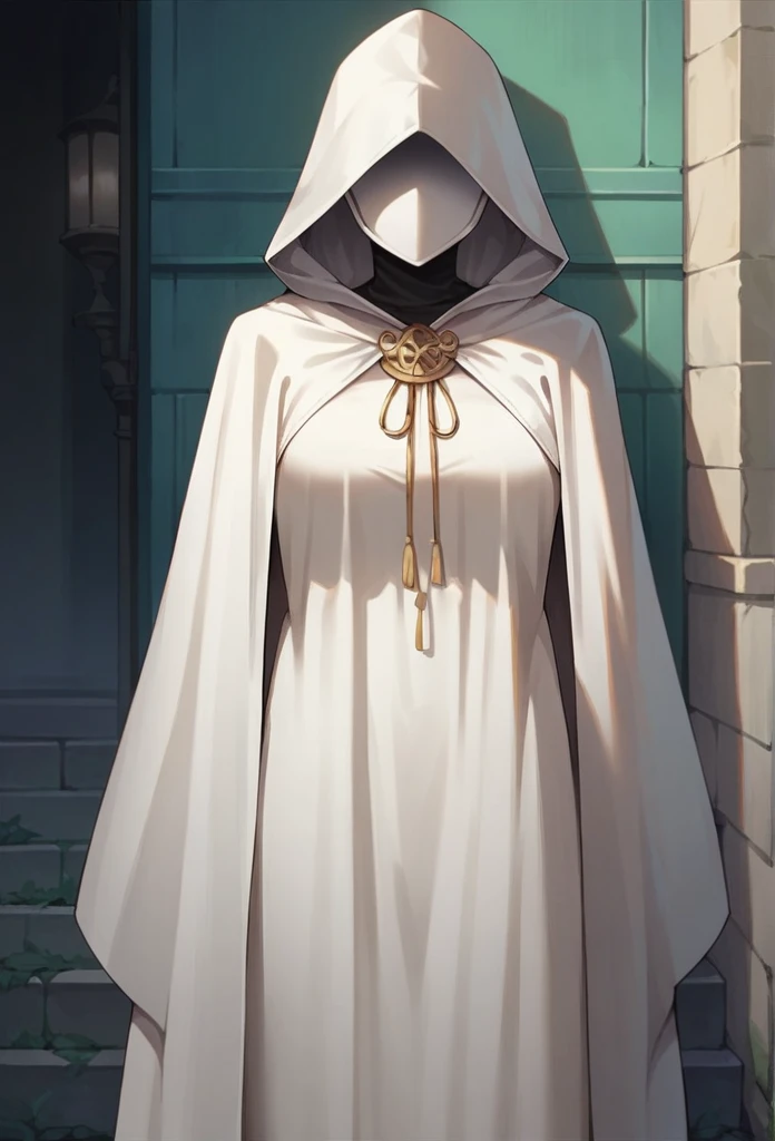 , 1girl, female, solo, long cape sleeves, sleeves covered hands, no hands, dress, cape covered body , cape, white cloak, hood up, white robe, mask covered face, hooded cloak, masterpiece, best quality, sidewalk , standing ,