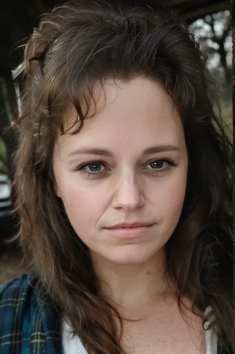 photograph of a woman, (troubled facial expression), textured skin, goosebumps, blonde afro hair, plaid flannel shirt with distressed boyfriend jeans, cowboy shot, dark and mysterious cave with unique rock formations and hidden wonders, perfect eyes, (cand...