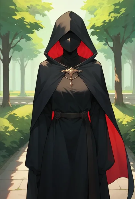 , 1girl, solo, long cape sleeves, sleeves covered hands, no hands, dress, cape covered body , cape, black cloak, hood up, black robe, mask covered face, hooded cloak, masterpiece, best quality,park , standing 