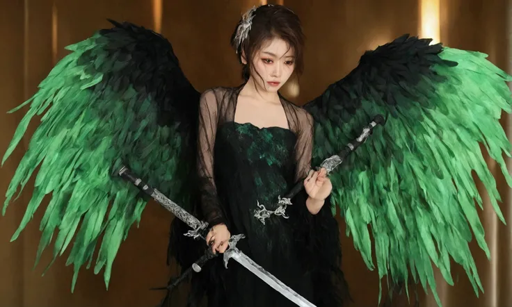 a dark angel (cute yuna, age 25, black fishnet gown, black eyes, black feathered wings, weeping blood, wielding a sword encased in green flames) she is weeping for the lives she is about to take, hotel lobby
