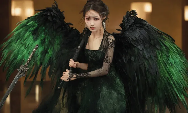 a dark angel (cute yuna, age 25, black fishnet gown, black eyes, black feathered wings, weeping blood, wielding a sword encased in green flames) she is weeping for the lives she is about to take, hotel lobby
