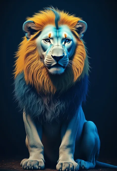 a rare and beautiful blue and gold lion poses for the camera, dark background, professional photography