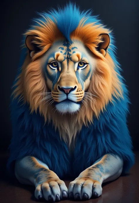 a rare and beautiful blue and gold lion poses for the camera, dark background, professional photography