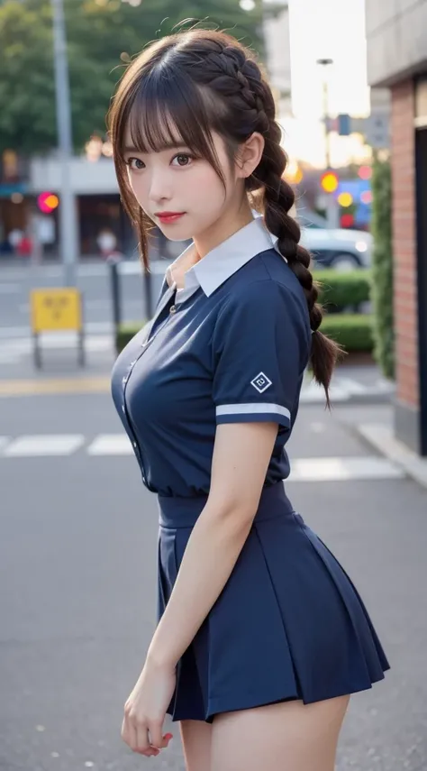 beautiful girl, Very beautiful detailed face, Laugh shyly, Deep Valley), (彼女は非常にLarge Breastsを持っています、school uniform, short sleeve shirt、Navy Skirt、Sideways to the viewer、Show off your Thighs:1.3), (Large Breasts.), (Tight fitting clothes), Her hair is brai...