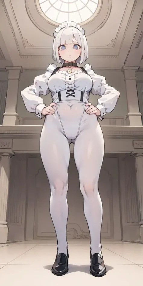 White hair, short bob hair, pinched eyes, thin legs, thin body, leather collar, maid outfit victorian, full body standing symmetrical, hands on hips, wide hips, view from below