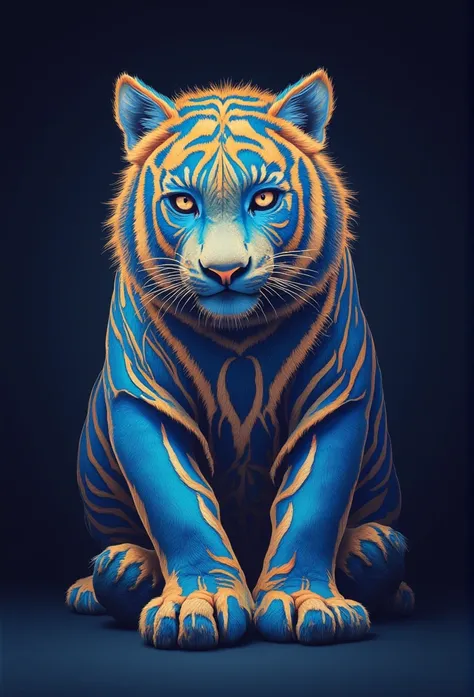 a rare and beautiful blue and gold tiger poses for the camera, dark background, professional photography