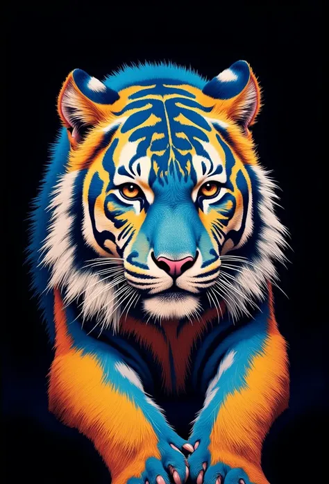 a rare and beautiful blue and gold tiger poses for the camera, dark background, professional photography