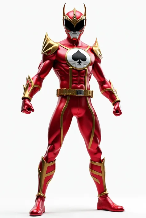 (photorealism:1.2), full Body photorealistic an Handsome Japanese Sentai hero. His suit should be red and gold metallic micro scales textured spandex and color should be white, . He should have a special white circle logo with " Spade " design logo on his ...