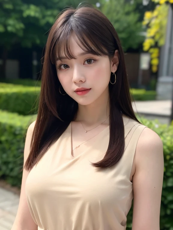 32 k、High resolution、Best Quality、photograph、real life insert,1girl、Alone、White skin、Natural Makeup、Black Hair、Semi-long hair、Big Breasts,Looking into the camera、Outdoor,(Business Style), Black sleeveless V-neck blouse, Beige mini skirt , jewelry、((Bust Sh...