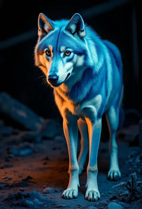 a rare and beautiful blue and gold wolf poses for the camera, dark background, professional photography