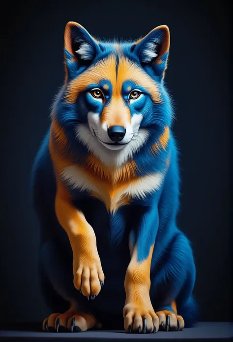 a rare and beautiful blue and gold wolf poses for the camera, dark background, professional photography