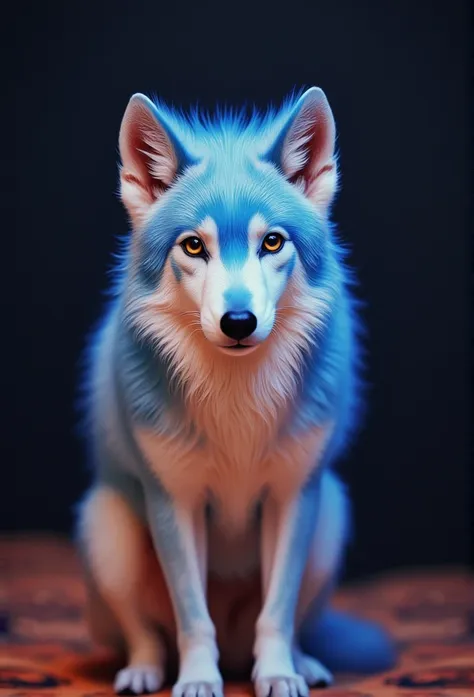 a rare and beautiful blue and gold wolf poses for the camera, dark background, professional photography