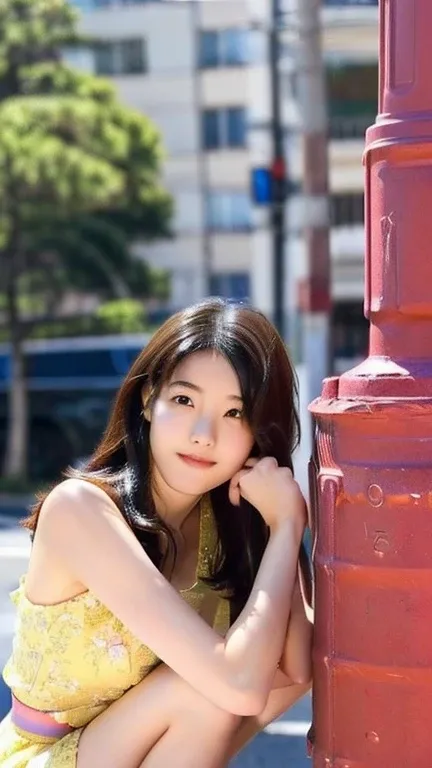 There is a woman leaning against a fire hydrant., Young slim gravure idol, Young cute gravure idol, Chiho, Yoshitomo Nara, realistic Young Gravure Idol, Young Gravure Idol, Young sensual gravure idol, Translator, Japanese Model, Attractive pose, Aoi Ogata