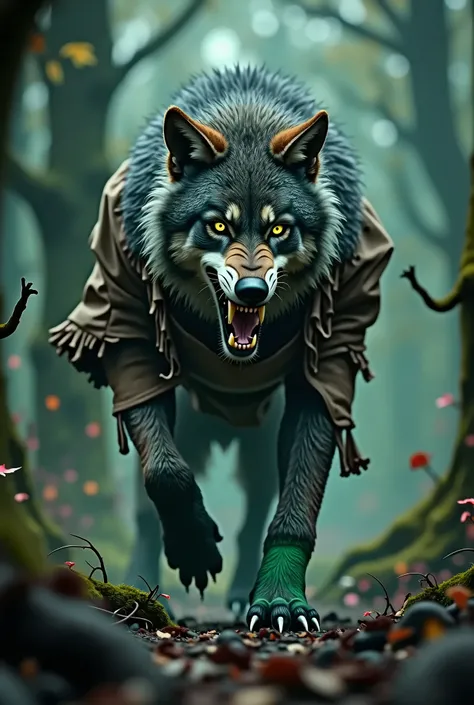 A terrifying wolf wearing green stockings and a brown vest, detailed fur, sharp teeth, glowing yellow eyes, menacing expression, dark magical forest background, dramatic lighting, highly detailed, photorealistic, 8k, cinematic composition, dark fantasy art