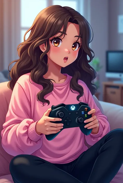 Anime gamer girl with: brown wavy hair, brown eyes, métis skin, a pink pastel sweat-shirt and a black trousers she is in her gamer room and she have game controllers of a Xbox in his and 