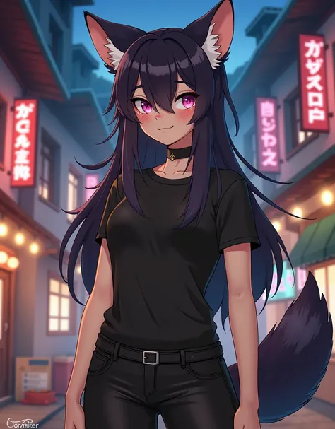 a beautiful anthro furry girl, girl wears black pants, girl wears black shirt, background is night village, masterpiece, best qu...