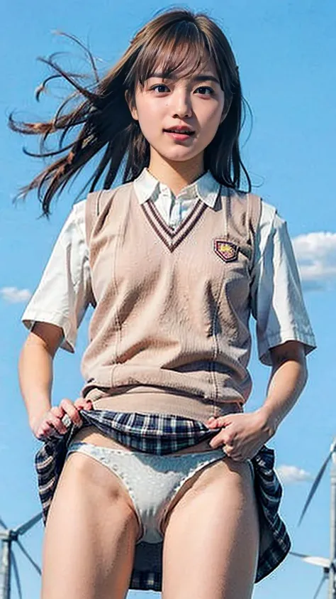 masterpiece, Highest quality, High resolution,8k， 1 hair clip, Tokiwadai School Uniform Photorealistic,Several wind turbines can be seen nearby..、blue sky、smile、Roll up your skirt to show your underwear、Pure white panties、Grey Skirt