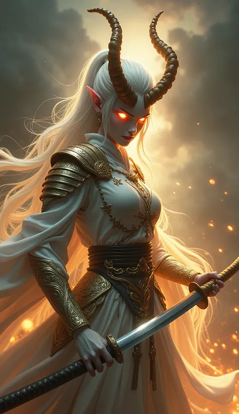 (best quality,4k,8k,highres,masterpiece:1.2), ultra-detailed, (realistic,photorealistic,photo-realistic:1.37), terrifying white demon girl with the appearance of a golden samurai, possessing a beautiful face and slender body, holding a sword. [demonic], [s...