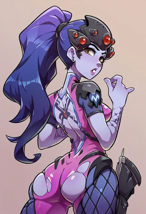 Widowmaker, purple skin, purple hair, 