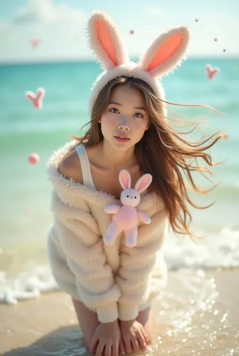 beautiful photo, Highest quality, cute, Beach, pastel colour, Fluffy bunny ears, , Brown long hair, Rabbit doll, Twinkle Star, Brown eyes, cute expression, Cute things,   White skin, Active, Are standing, bending upper body, Soak your feet in water, Wind, ...