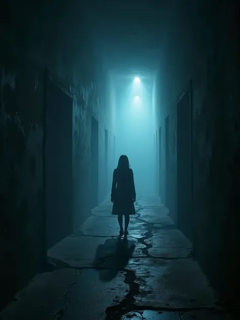 A long shot of the woman from behind, walking down a dark, decaying corridor. The corridor is narrow and stretches endlessly into the distance. The lighting is faint, with a bluish tint, casting deep shadows on the cracked walls and creaking floor. The wom...