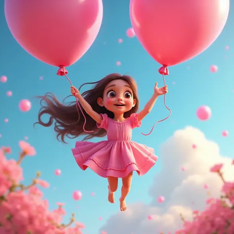 One girl, High resolution, high quality, Brown Hair, Long Hair,Eyes Wide Open, surprise, girl,Wearing a pink dress,Girls１holding two big pink balloons,The girl&#39;s body floats up,Magical,Super detailed, Pixar, 